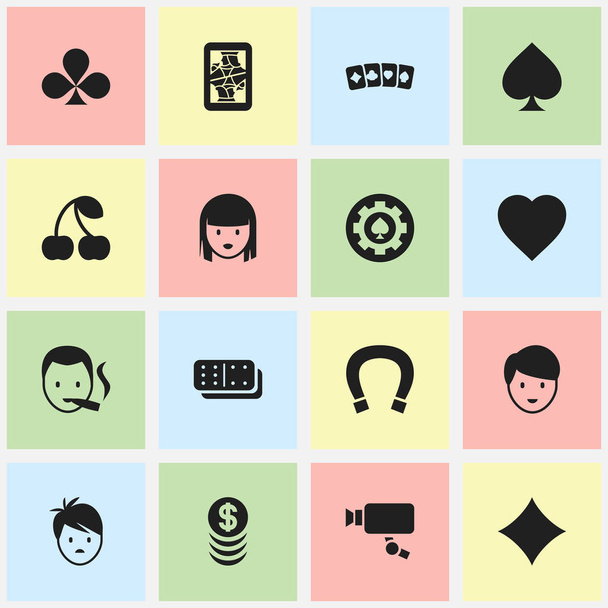 Conjunto de 16 ícones de jogo editáveis. Inclui símbolos como cartão de jogo, charme da sorte, losango e muito mais. Pode ser usado para Web, Mobile, UI e design infográfico
. - Vetor, Imagem