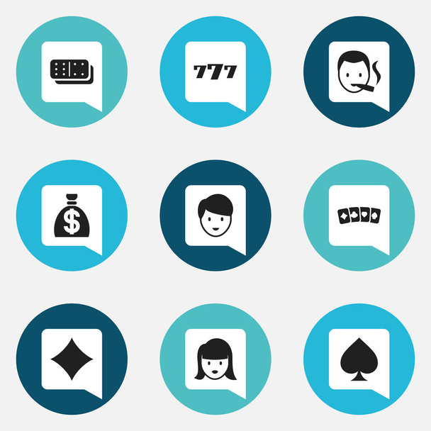 Satz von 9 editierbaren Spannungssymbolen. enthält Symbole wie Knochenspiel, Spielkarte, Glückssieben und mehr. kann für Web-, Mobil-, UI- und Infografik-Design verwendet werden. - Vektor, Bild