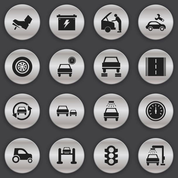 Conjunto de 16 ícones de transporte editáveis. Inclui símbolos como controle de velocidade, carro do veículo, Treadle e muito mais. Pode ser usado para Web, Mobile, UI e design infográfico
. - Vetor, Imagem
