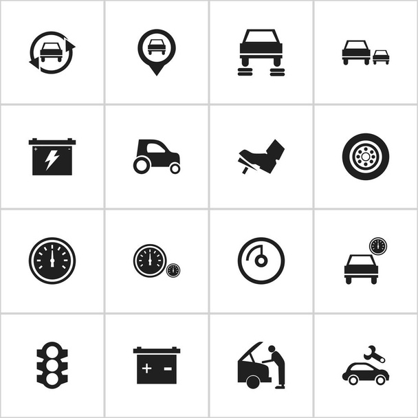 Ensemble de 16 icônes de voiture modifiables. Comprend des symboles tels que batterie, réparation automobile, pneu et plus. Peut être utilisé pour le Web, mobile, interface utilisateur et infographie
. - Vecteur, image