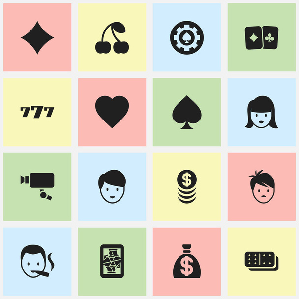 Satz von 16 editierbaren Glücksspiel-Symbolen. enthält Symbole wie Glückssieben, Casino-Mitarbeiter, schwarzes Herz und vieles mehr. kann für Web-, Mobil-, UI- und Infografik-Design verwendet werden. - Vektor, Bild