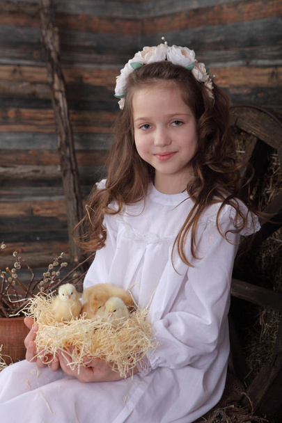 Girl in a wreath holding a nest with live chickens - Foto, Bild