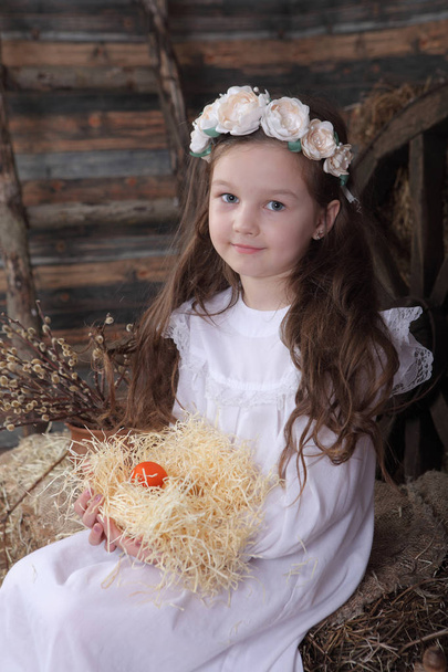 Girl in a wreath holding a nest with live chickens - Valokuva, kuva