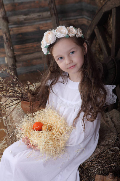 Girl in a wreath holding a nest with live chickens - Foto, Bild