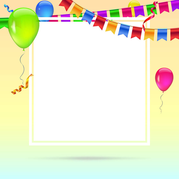 Отпразднуйте красочный фон с летящими красочными воздушными шарами на цветном фоне. Шаблон поздравления или открытки на день рождения, приглашение с висячими гирляндами из цветных флагов и стримеров
 - Вектор,изображение