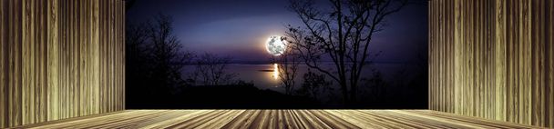 Деревянный пол и стена с красивой яркой полной луной над спокойным озером
. - Фото, изображение