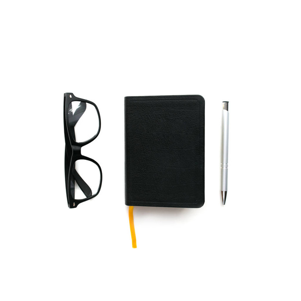 desktop notebook, glasses and pen. top view, flat lay - Foto, Imagen