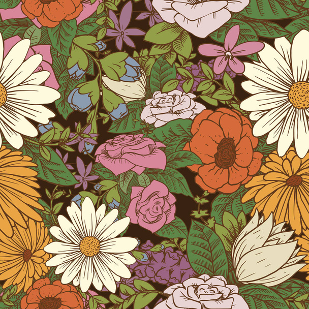 Seamless floral pattern with beautiful flowers on a black backgr - Vector, Imagen