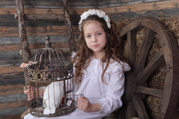 girl in a wreath holding in his hand a live white dove - Foto, Bild