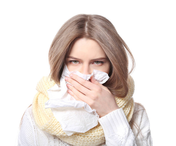 Young ill woman with tissue   - Photo, Image