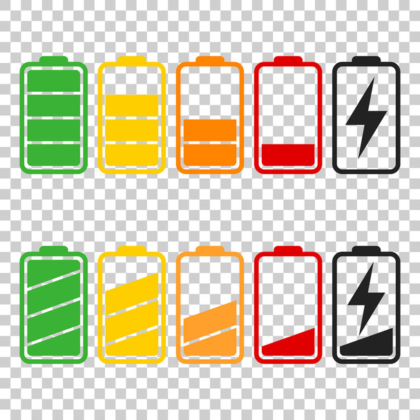 Icono de batería conjunto de vectores sobre fondo aislado. Símbolos del nivel de carga de la batería, completo y bajo. El grado de potencia de la batería plana vector ilustración. - Vector, Imagen
