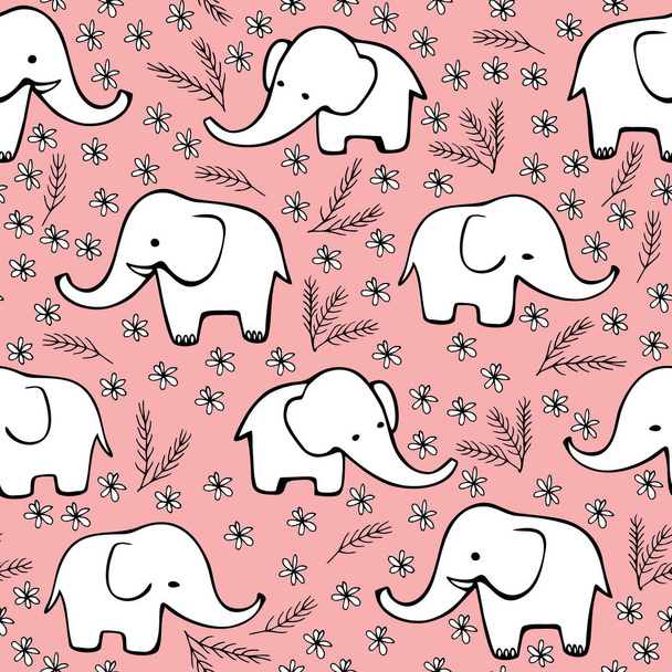 Cute hand drawn elephants. Monochrome Vector seamless pattern. - Vetor, Imagem