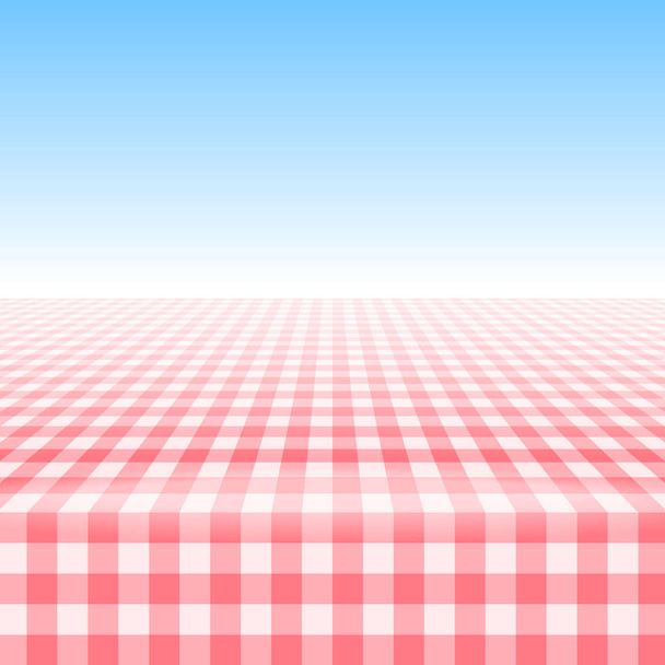 Empty picnic table, covered checkered tablecloth. - Vector, Image