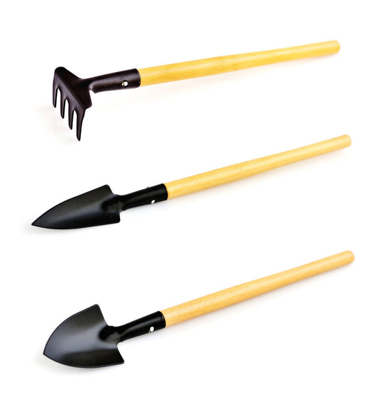 Un conjunto de herramientas de jardín para el cuidado de las plantas sobre fondo blanco
 - Foto, imagen