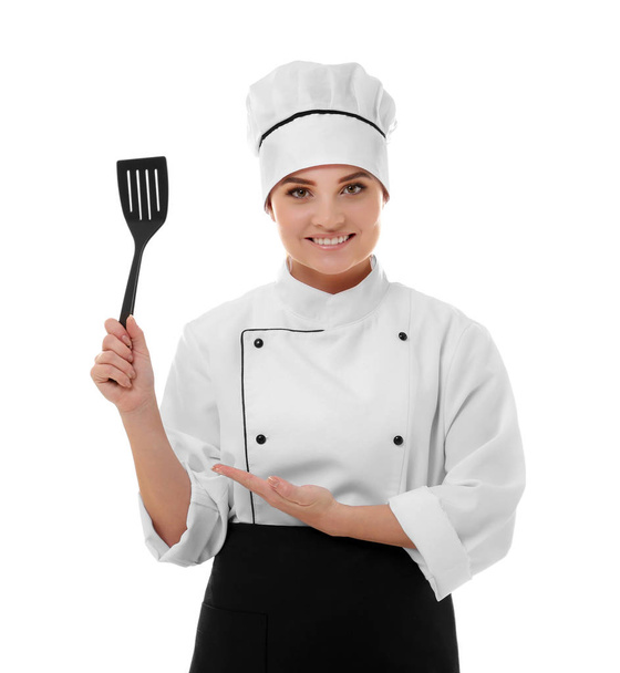  woman chef with spatula - Zdjęcie, obraz