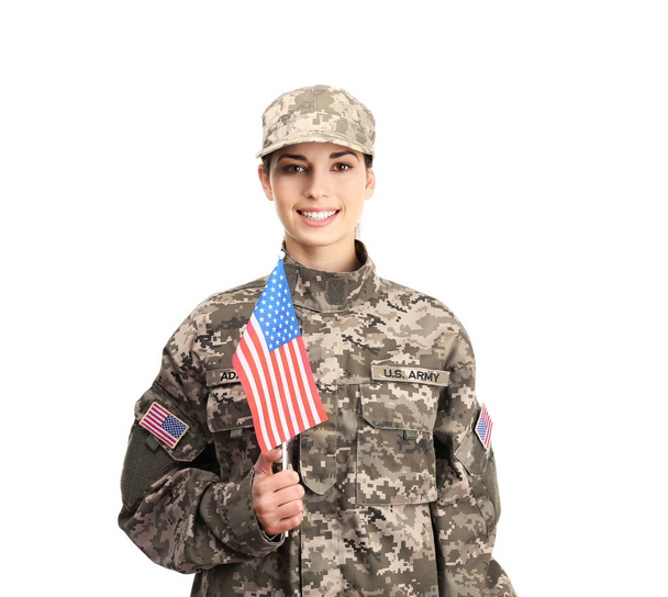 Female soldier with USA flag on white background - Фото, изображение