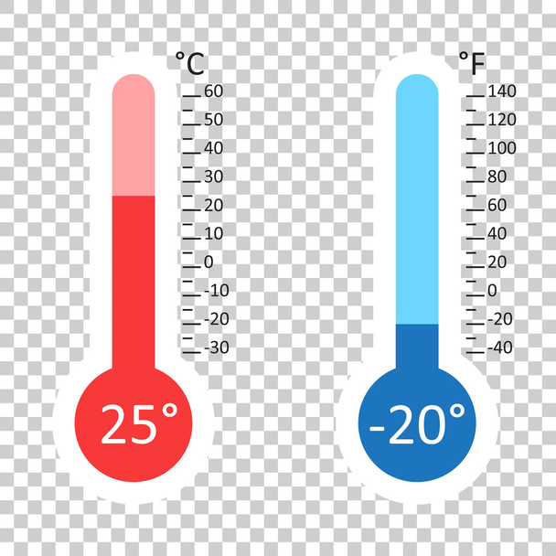 Celsius and Fahrenheit thermometers icon with different levels. Flat vector illustration on isolated background. - Vector, afbeelding
