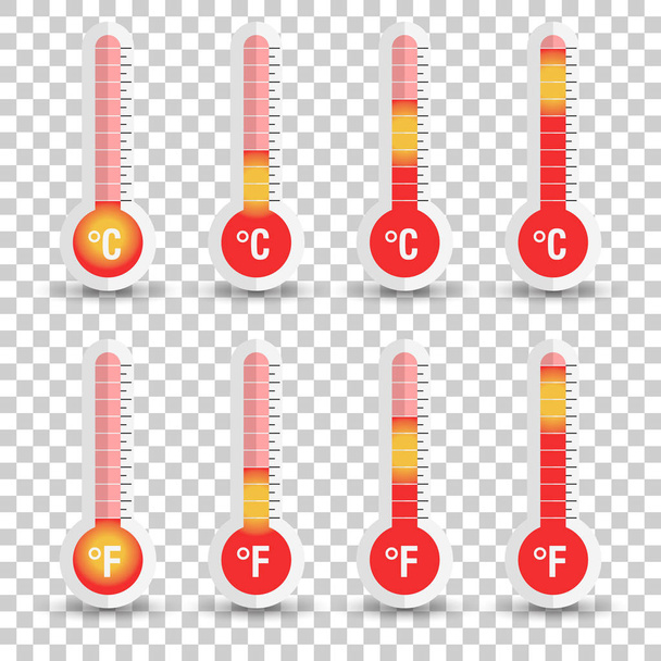Icono de termómetros Celsius y Fahrenheit con diferentes niveles. Ilustración vectorial plana aislada sobre fondo aislado
. - Vector, imagen