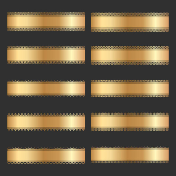 Set of vintage gold ornamental borders, decorative vector lines on black - Vector, Image