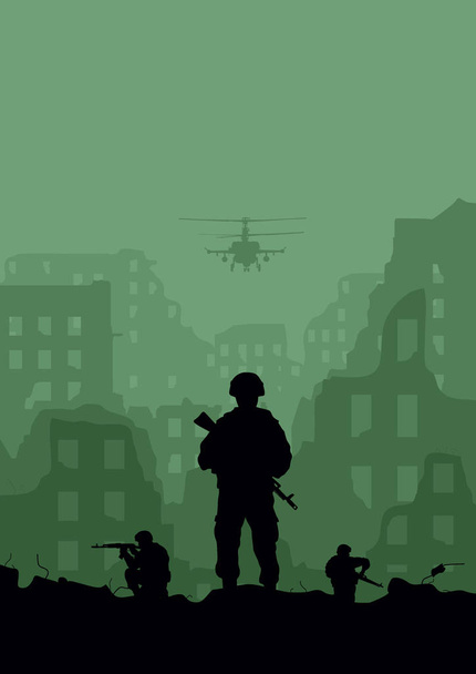 廃墟の街、ヘリコプターおよび兵士の図. - ベクター画像