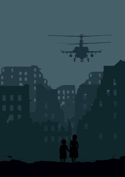 Ville détruite, hélicoptère et deux petites filles
 - Vecteur, image