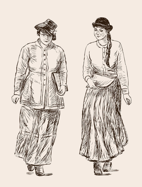 A nők a ollege diákok vintage ruhák - Vektor, kép