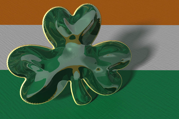 Illustrazione 3D. Un trifoglio esposto contro una bandiera irlandese
 - Foto, immagini