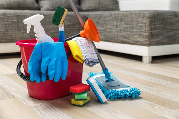 Cleaning service. Sponges, chemicals and mop. - Zdjęcie, obraz