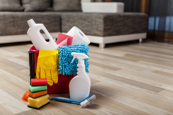 Cleaning service. Sponges, chemicals and plunger. - 写真・画像