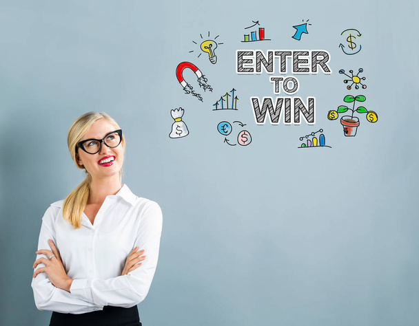 Enter to win text with businesswoman - Foto, afbeelding