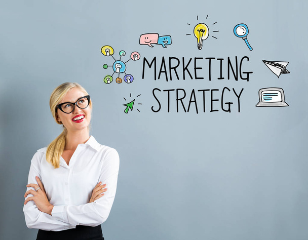 Markting Strategy text with businesswoman - Zdjęcie, obraz