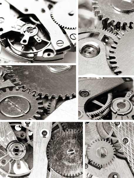 Meccanismo di ingranaggi orologio in collage monocromatico
 - Foto, immagini