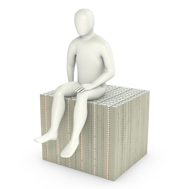 Абстрактний білий чоловік сидить на пачці доларів
 - Фото, зображення