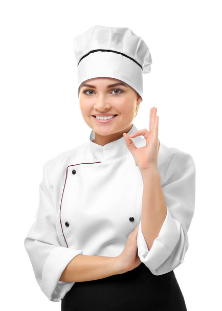 woman chef showing ok sign - Foto, afbeelding