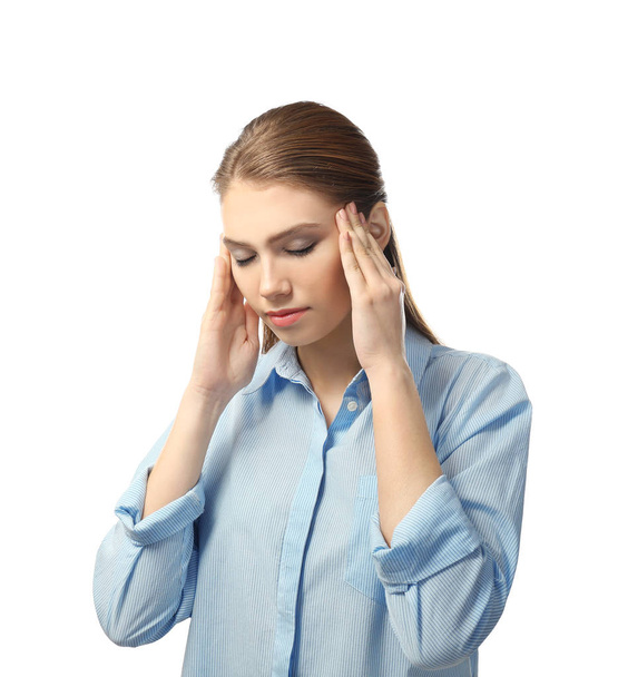 Beautiful young woman suffering from headache on white background - Foto, Imagen