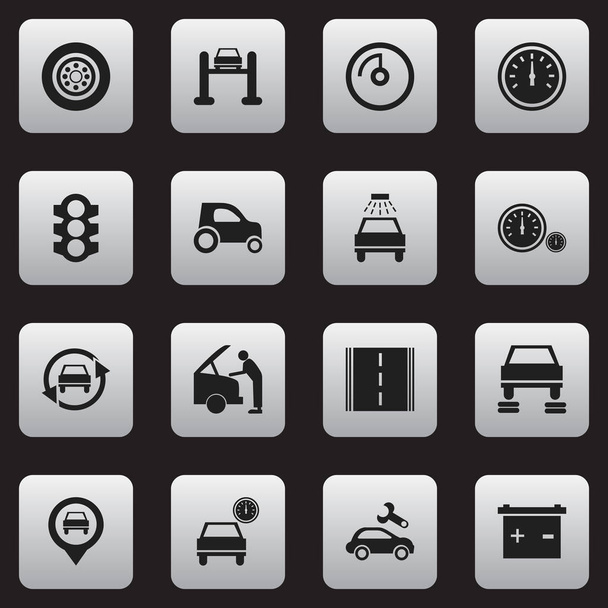 Conjunto de 16 iconos de coches editables. Incluye símbolos tales como semáforo, coche del vehículo, carretera y más. Puede ser utilizado para el diseño de la tela, móvil, interfaz de usuario e infografía
. - Vector, imagen
