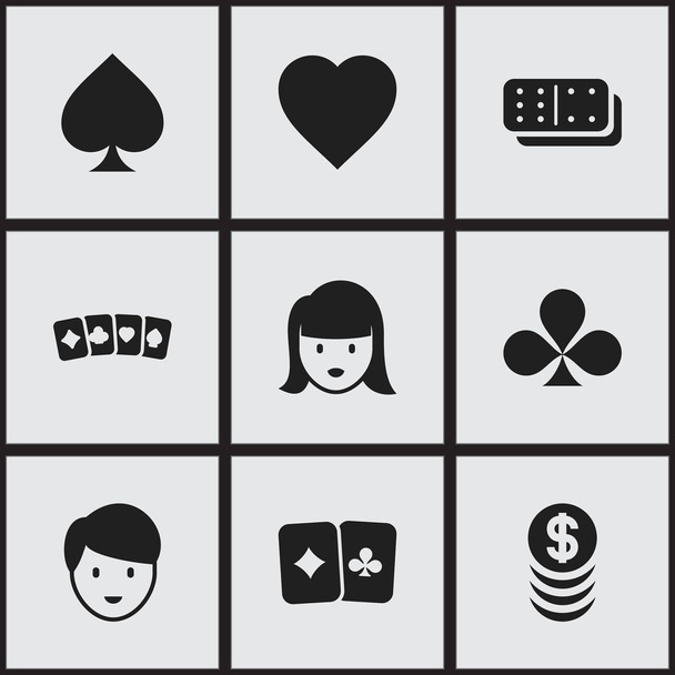 Σύνολο 9 επεξεργάσιμο ενθουσιασμό εικονίδια. Περιλαμβάνει σύμβολα όπως κάρτα παιχνιδιών, τριφύλλι, στοιβάζονται χρήματα και περισσότερο. Μπορεί να χρησιμοποιηθεί για Web, Mobile, Ui και σχεδίασης γραφήματος. - Διάνυσμα, εικόνα