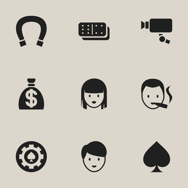 Набір з 9 значків казино. Включає в себе такі символи, як ігрова картка, Moneybag, жіноче обличчя та багато іншого. Може використовуватися для веб, мобільного, інтерфейсу та інфографіки
. - Вектор, зображення