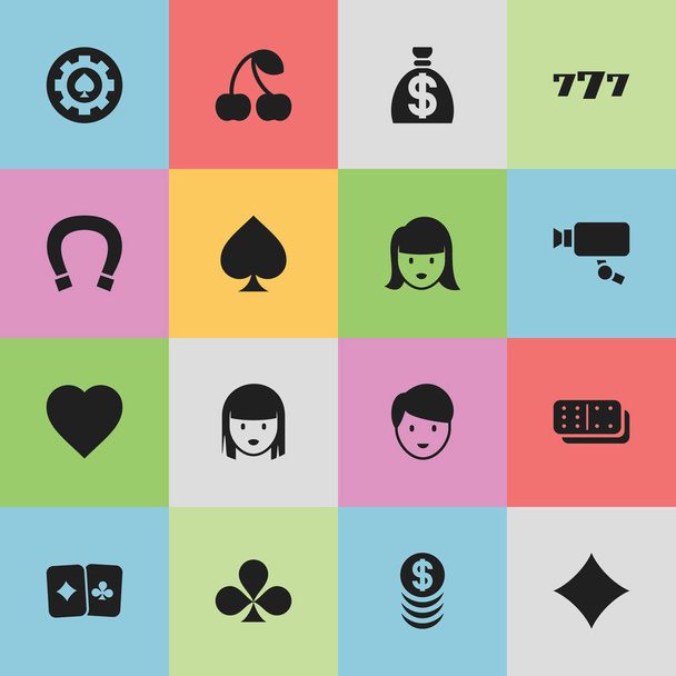Conjunto de 16 iconos de negocio editables. Incluye símbolos como Shamrock, Rhombus, Game Card y más. Puede ser utilizado para el diseño de la tela, móvil, interfaz de usuario e infografía
. - Vector, Imagen