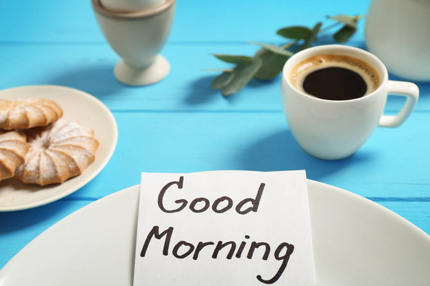 breakfast and GOOD MORNING greeting note - Valokuva, kuva