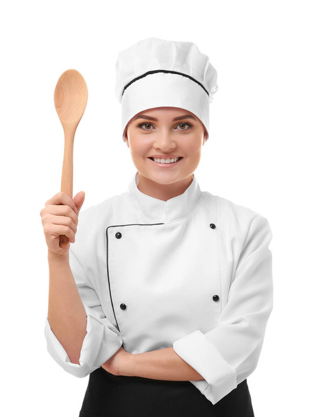  woman chef with wooden spoon  - Zdjęcie, obraz