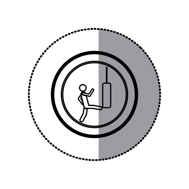 sticker of monochrome pictogram with man kicking a punching bag in circular frame - Vector, Image