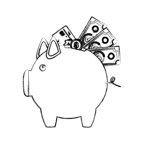 Černobílý nákres prasátko s kreditní karty a bankovky a mince - Vektor, obrázek