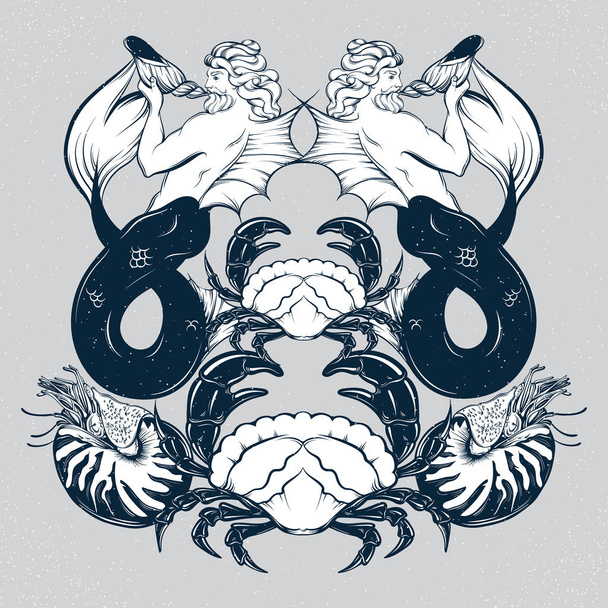 Vector hand drawn illustration of triton , mollusk Nautilus,  crab in realistic line style. - Vector, Imagen