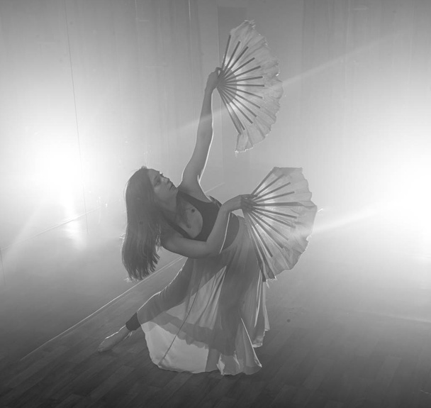 Beautiful girl elegantly dances in smoke and fog. - Фото, зображення