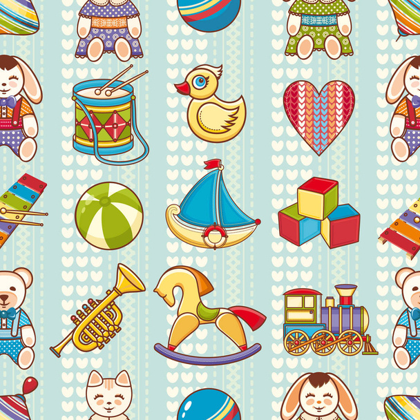 Nahtloses Muster für Kinderspielzeug. Designelement für Postkarte, Banner, Flyer - Vektor, Bild