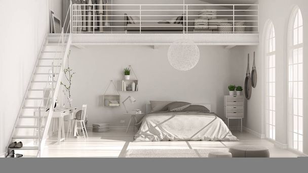 Skandinávské bílé minimalistické podkroví ložnice s domácí kanceláři, cla - Fotografie, Obrázek