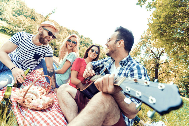Счастливые юные друзья устраивают пикник в парке
 - Фото, изображение