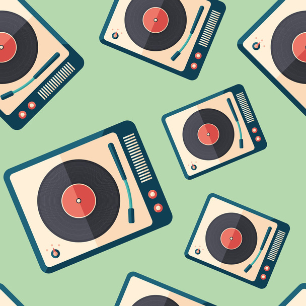 Vintage portable record player flat icon seamless pattern. - ベクター画像
