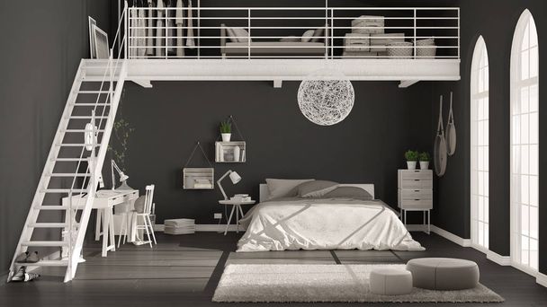 Scandinavian minimalist loft bedroom with home office, dark blac - Photo, Image